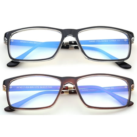 2 Pairs - Blue Ray Blocking Lens Light Weight Rectangular Medium/Large Size Frame Spring Temple Computer Reading Glasses for Men, Reading Glasses +1.00 With Hard Case