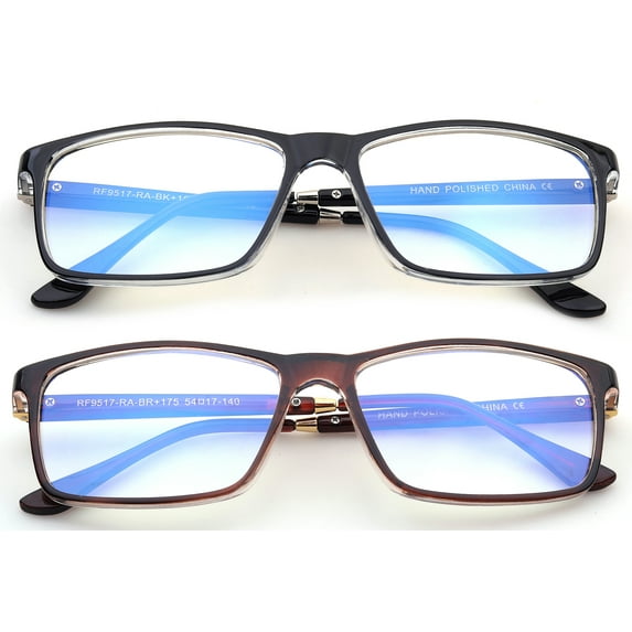 2 Pairs - Blue Ray Blocking Lens Light Weight Rectangular Medium/Large Size Frame Spring Temple Computer Reading Glasses for Men, Reading Glasses +3.00 With Hard Case