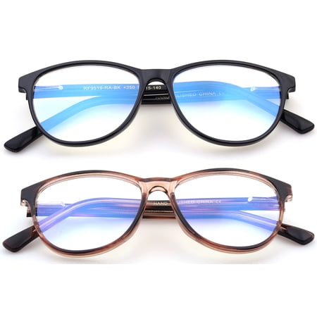 2 Pairs - Blue Ray Blocking Lens Light Weight Vintage Frame Spring Temple Computer Reading Glasses for Women, Reading Glasses +1.00 With Hard Case
