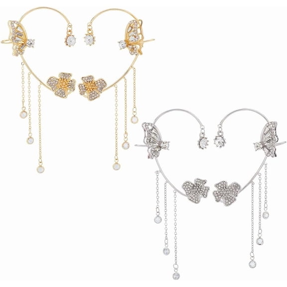 2 Pairs Butterfly Earrings Ear Cuffs For Women Gold Ear Cuffs Non Piercing Tassel Chain Dangle Gold Ear Clips Jewelry Earrings For Your Family Platinum & Golden