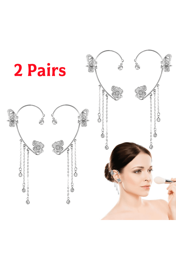 2 Pairs Butterfly Tassel Earrings Ear Cuff for Women Non-Piercing Silver Rhinestone Ear Climber Wrap Ear Clip Jewelry