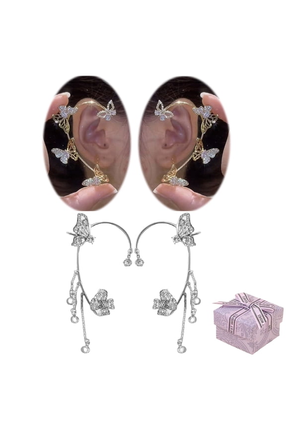 2 Pairs Butterfly Tassel Style Zircon Earrings,Butterfly Ear Cuff Earrings for Women Non Piercing,Glitter Rhinestone Butterfly Ear Clips Wraps Jewelry for Lover Mom Daughter (2 Pairs, B)