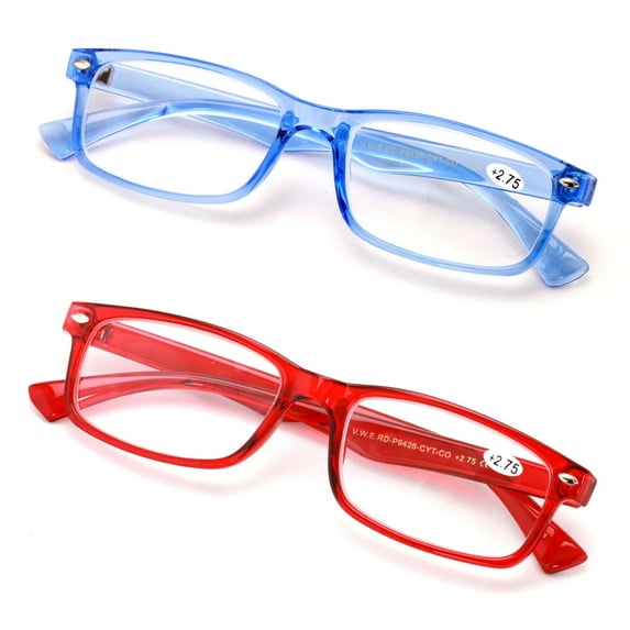 2 Pairs Casual Fashion Rectangular Reading Glasses - Stylish Simple Readers Magnification - Translucent Blue Red