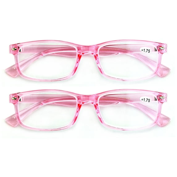 2 Pairs Casual Fashion Rectangular Reading Glasses - Stylish Simple Readers Magnification - Translucent Coral Pink +1.25