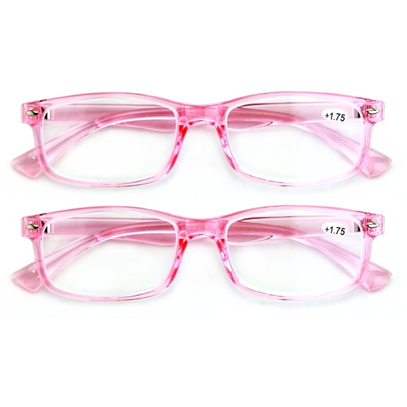 2 Pairs Casual Fashion Rectangular Reading Glasses - Stylish Simple Readers Magnification - Translucent Coral Pink +2.25