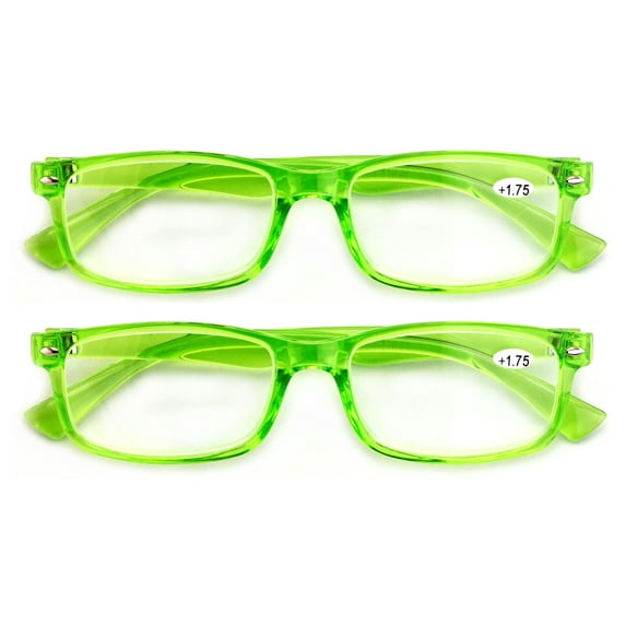 2 Pairs Casual Fashion Rectangular Reading Glasses - Stylish Simple Readers Magnification - Translucent Neon Green +1.50