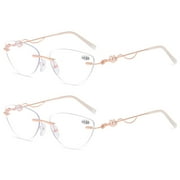 2 Pairs of Cat Eye Frameless Diamond Blue Light Blocking Reading Glasses 1.00 for Women Rimless Gold Presbyopic Glasses Metal Lightweight Readers +1.0