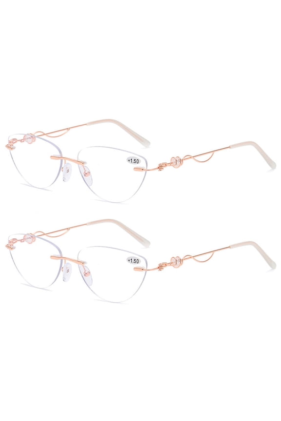 2 Pairs of Cat Eye Frameless Diamond Blue Light Blocking Reading Glasses 2.50 for Women Rimless Gold Presbyopic Glasses Metal Lightweight Readers +2.5