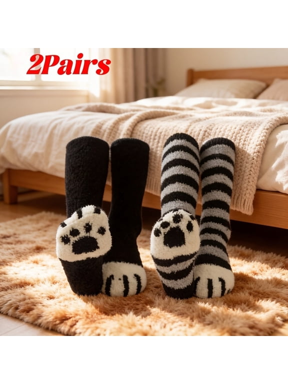2 Pairs Cat Paw Fuzzy Slipper Socks, Plush Warm Winter Indoor Socks with Paw Print Design, Soft Fluffy Crew Socks for Home Bedroom Lounging