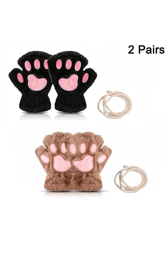 2 Pairs Cat Paw Gloves Kawaii Fur Plush Cat Bear Furry Paws Winter Fingerless Gloves Gifts for Women Christmas