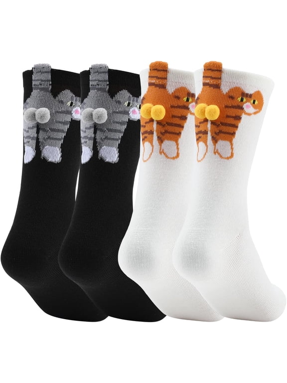 2 Pairs Cat Socks with Plush Balls, Funny Novelty Crew Socks for Cat Lovers - Christmas Stocking Stuffers Gifts