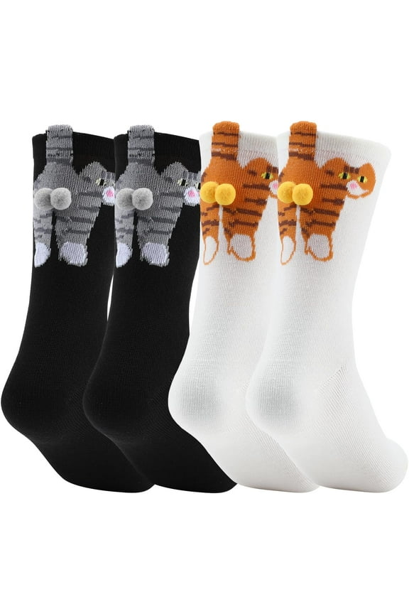 2 Pairs Cat Socks with Plush Balls, Funny Novelty Crew Socks for Cat Lovers - Christmas Stocking Stuffers Gifts