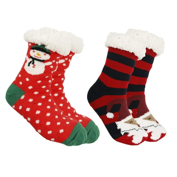 2 Pairs Christmas Fuzzy Slipper Socks for Women Winter Warm Soft Fleece Lined Nonslip Grippers Thermal Floor Socks