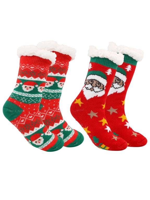 2 Pairs Christmas Knitted Slipper Socks for Women Winter Thermal Fuzzy Socks Fleece Lining Nonslip Socks Grips Socks