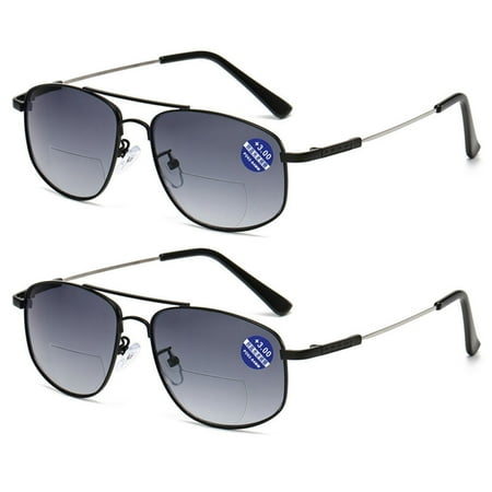 2 Pairs of Classic BIFOCAL Reading Glasses 1.00 for men Presbyopic Glasses Gradient Gray Sunglasses UV, Memory Titanium Oversized Aviator-style Sun Readers +1.00