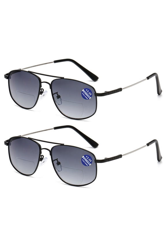 2 Pairs of Classic BIFOCAL Reading Glasses 2.00 for men Presbyopic Glasses Gradient Gray Sunglasses UV, Memory Titanium Oversized Aviator-style Sun Readers +2.00