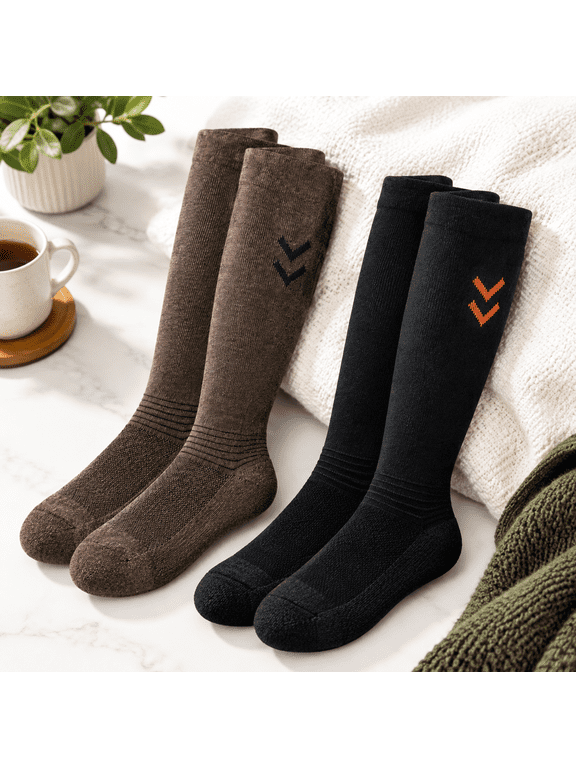 2 Pairs - Classic Black+retro Brown XX-Large Soft Alpaca Knit Socks For Hiking Travel Flying
