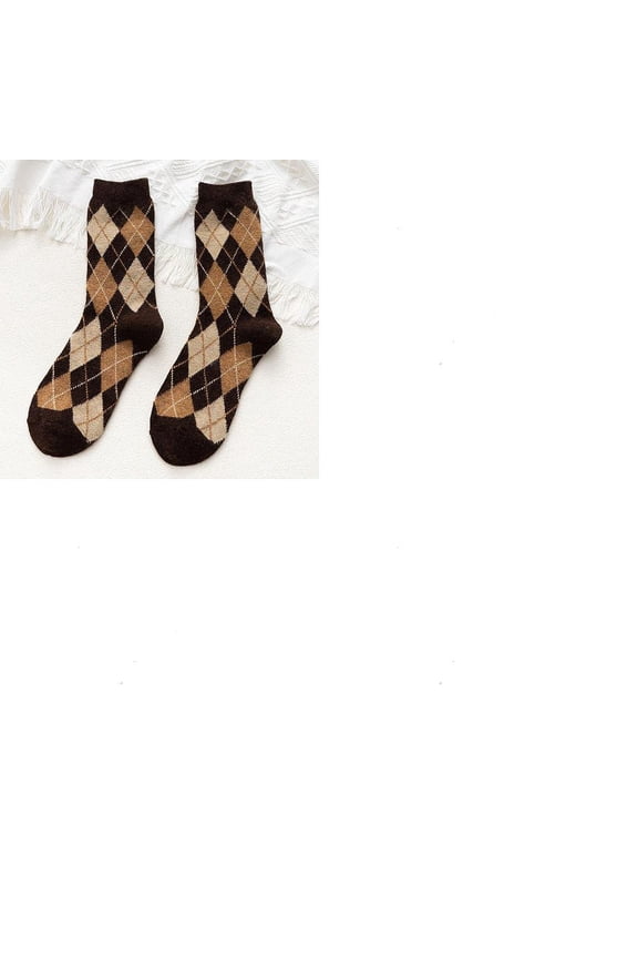 2 Pairs Coconut Brown Rhombus Pattern Wool Knitting Crew Socks 10mm Winter Thermal Socks for Men WomenDIY