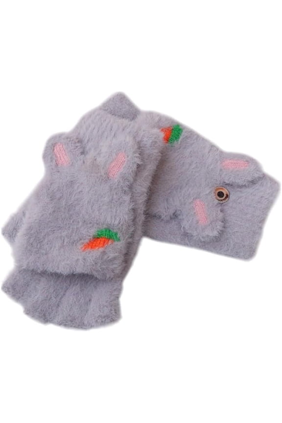 2 Pairs Convertible Velvet Fingerless Gloves Cute Women Winter Warm Gloves Half Capped 2 in 1 Combo Mitten Rabbit Gray 24.7cm