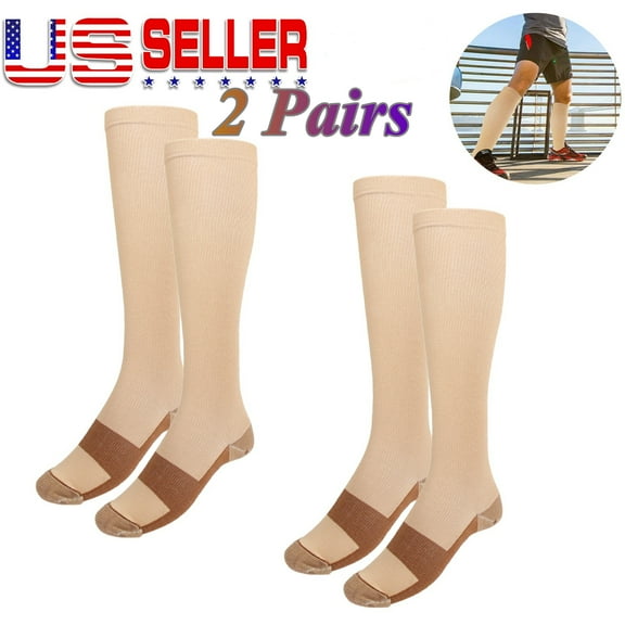 2 Pairs Copper Knee High Compression Socks For Men & Women-Best For Running,Athletic,Medical,Pregnancy and Travel -15-20mmHg(Beige)