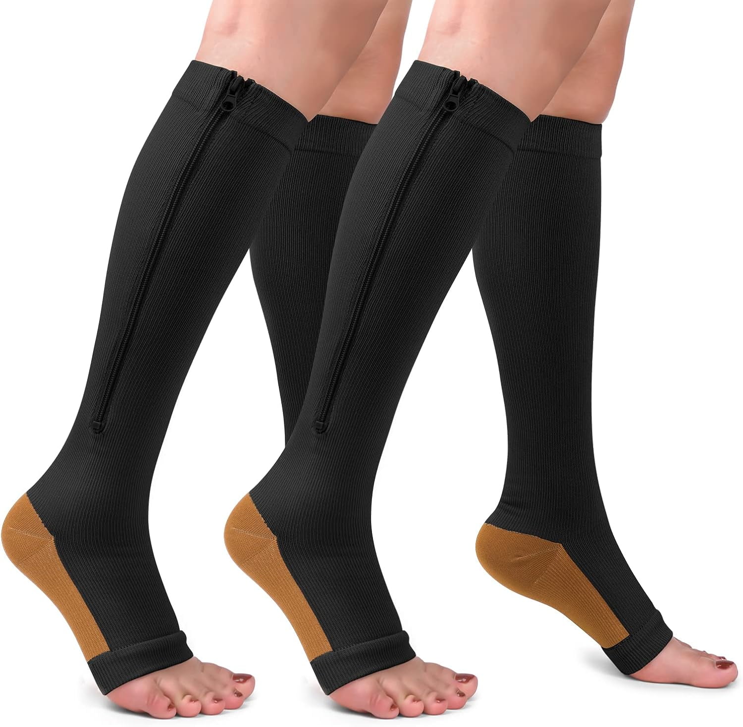 2 Pairs Copper Zipper Compression Socks 1520mmghCalf Knee High Open