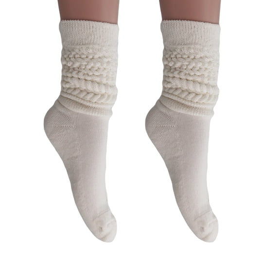 2 Pairs Cotton Slouch Knee High Socks Shoe Size 5-10 (Ivory)