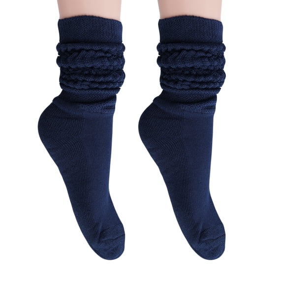 2 Pairs Cotton Slouch Knee High Socks Shoe Size 5-10 (Navy)
