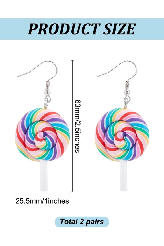 2 Pairs Cute Lollipop Colorful Earrings 63x26mm Platinum Lollipop Polymer Clay Dangle Earrings Kawaii Candy Ice Cream Hook Earrings for Jewelry Gift Earring Supplies