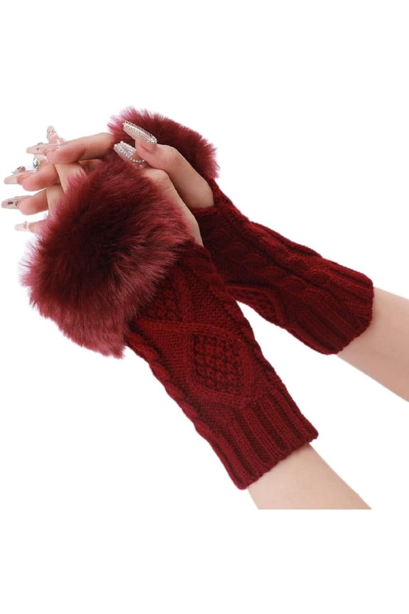 2 Pairs Dark Red Furry Fingerless Gloves Soft Fluffy Thumb Hole Gloves Knitting Winter Crochet Warm Arm Sleeves Fur Hand Wrist Warmer Mitten Bulk for Women Typing Writing Driving Supply