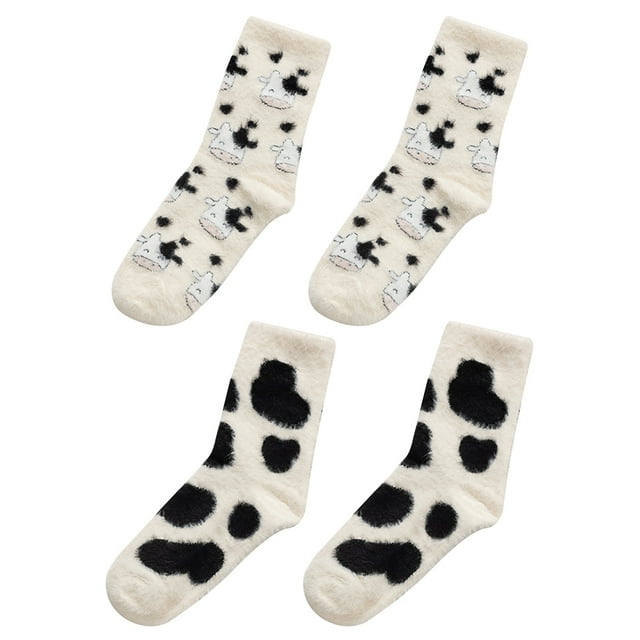 2 Pairs Delicate Cartoon Cows Socks Female Furry Socks Tube Plush Socks ...