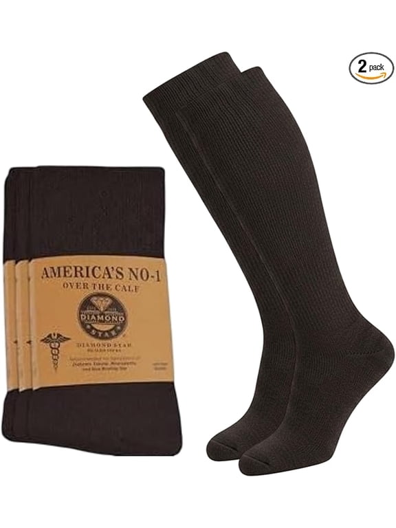 Diabetic Over the Calf, Non-binding Premium Cushion Cotton Knee High Comfortable Socks for Men (Brown - 2 Pairs, Sock Size 13-16)