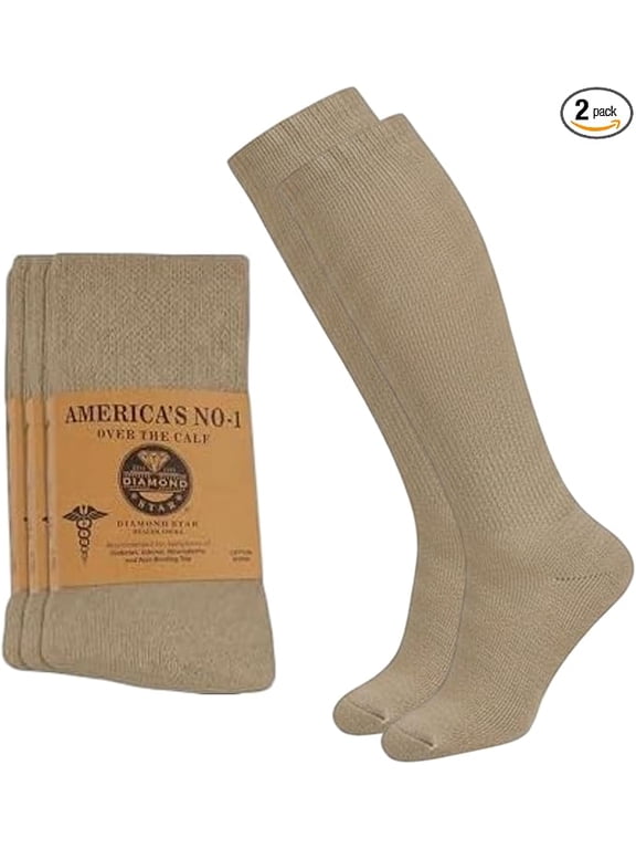 Diabetic Over the Calf, Non-binding Premium Cushion Cotton Knee High Comfortable Socks for Men (Beige - 2 Pairs, Socks Size 10-13)