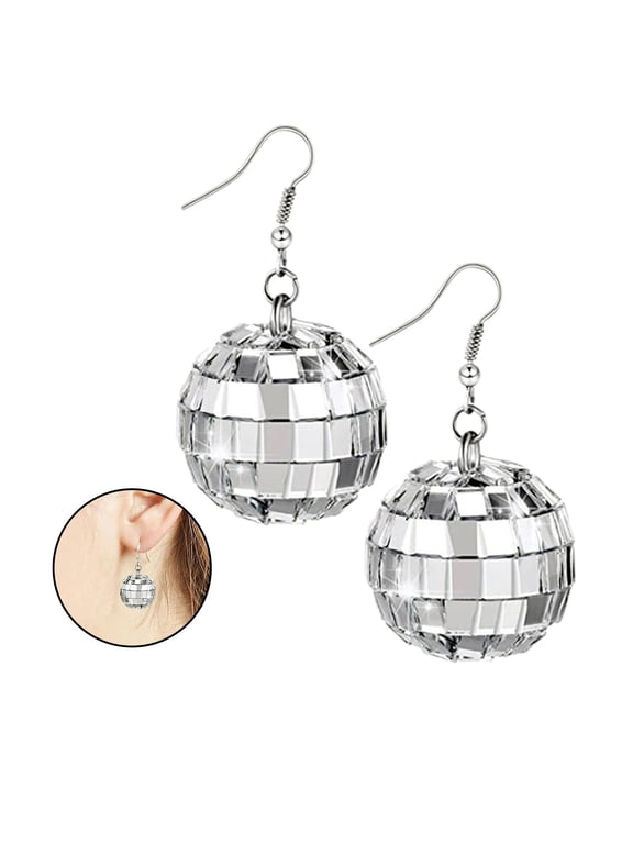 2 Pairs Disco Ball Earrings 60's or 70's Silver Disco Ball Dangle Earrings for Women Retro Punk Cool Jewelry Dance Party Costume Accessories E9W9