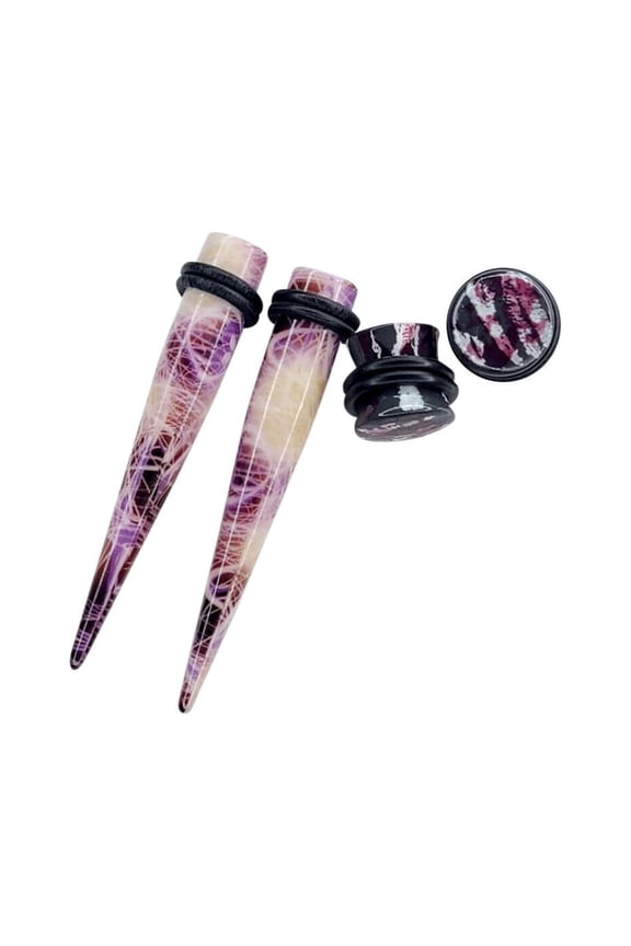 2 Pairs Ear Gauge Tapers Plugs O-rings Acrylic Purple Mauve Marble Design