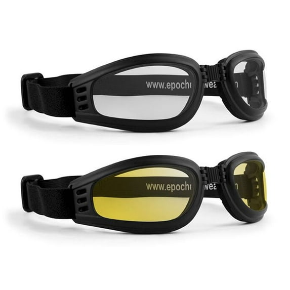 2 Pairs Epoch Folding Motorcycle Goggles Black Frame Clear and Yellow Lenses