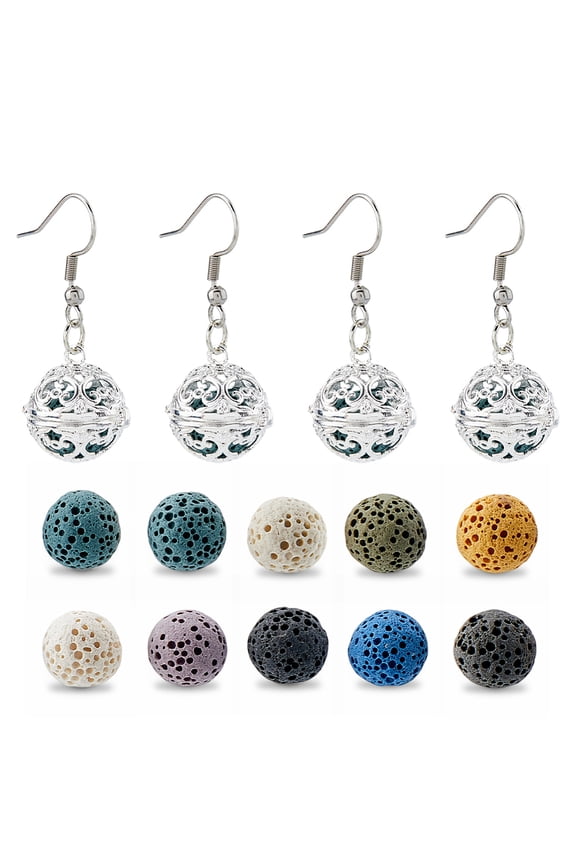 2 Pairs Essential Oil Diffuser Dangling Earrings 304 Stainless Steel Hoop Earring with 10pcs Natural Rock Stones 36mm
