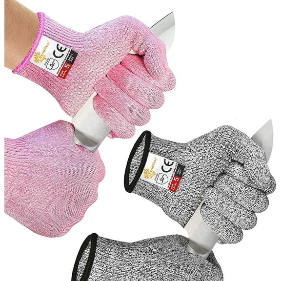 2 Pairs Evridwear Cut Resistant Gloves with Silicone Grip Dots ( Pink+Gray,M)