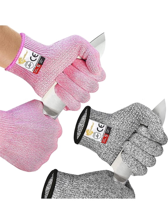 2 Pairs EvridWear Cut Resistant Gloves with Silicone Grip Dots ( Pink+Gray,M)