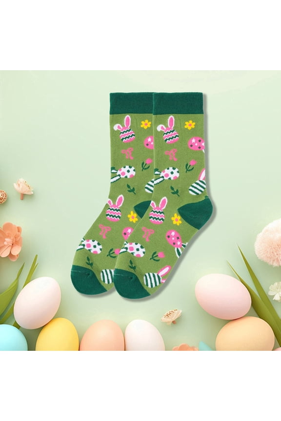 Women Easter Socks, Green Bunny Ear Pattern Crew Socks Fun Multi-Color Holiday Gift ，6-9