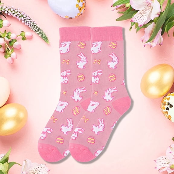 HIALTODAY Women's Easter Socks Novelty Funny Bunny Rabbit Eggs Printed Crew Socks Easter Basket Stuffers Kids Holiday Gifts,PINK