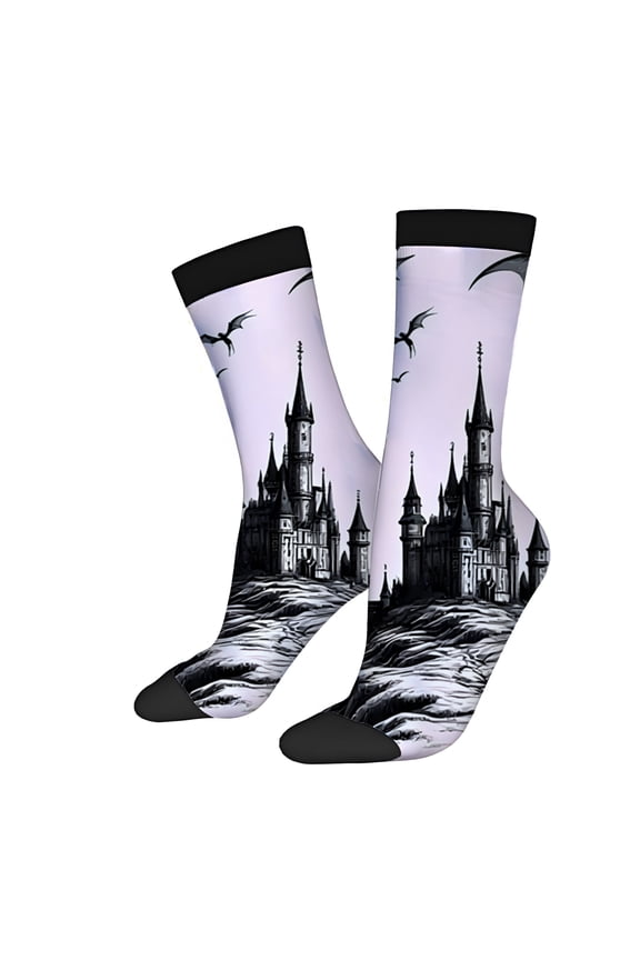 2 Pairs Fantasy-Themed Unisex Socks with Castle Dragons & Mountains - Trendy Mixed Color Design for All Seasons