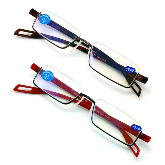 2 Pairs Featherweight Slim Half Rim Memory Flex Reading Glasses With Anti-Blue Ray Coating +2.50