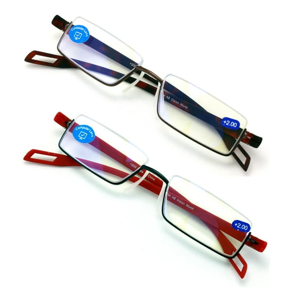 2 Pairs Featherweight Slim Half Rim Memory Flex Reading Glasses With Anti-Blue Ray Coating +2.50