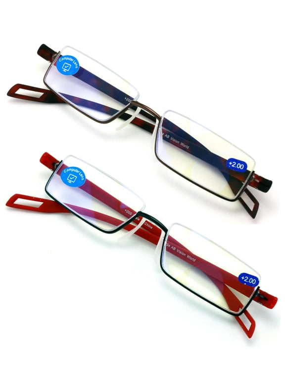 2 Pairs Featherweight Slim Half Rim Memory Flex Reading Glasses With Anti-Blue Ray Coating +2.50