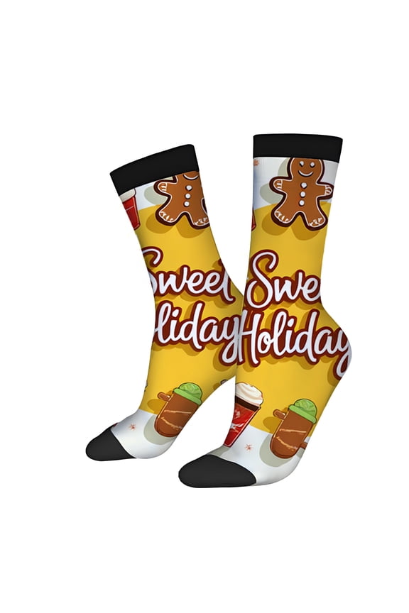2 Pairs Festive Holiday Socks with Gingerbread Cookies Cupcakes & Coffee - Unisex Trendy Design Yellow Background " " Text Black Toe Cuffs