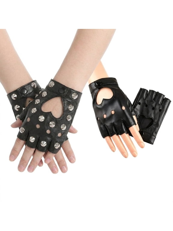 2 Pairs Fingerless PU Leather Gloves - Fashionable Breathable Half Rivet Finger Driving Cycling Party Cosplay,for Men Women