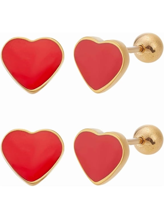 2 Pairs Flat Red Heart Stud Earrings 7x8mm Golden Stainless Steel Stud Heart Earrings with Epoxy Resin Small Tiny Red Heart Earrings for Women Crafting and Accessories Gifts