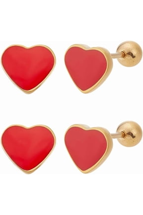 2 Pairs Flat Red Heart Stud Earrings 7x8mm Golden Stainless Steel Stud Heart Earrings with Epoxy Resin Small Tiny Red Heart Earrings for Women Crafting and Accessories Gifts