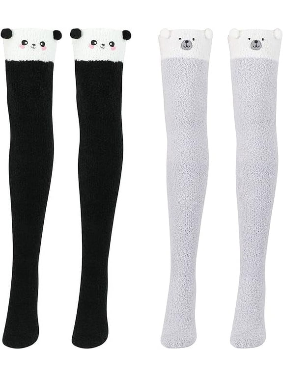 2 Pairs Women Thigh High Fuzzy Socks, Cute Panda Long Socks Coral Fleece Soft Over the Knee Socks Winter Warm Socks