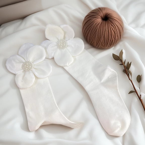 2 Pairs French Women Ribbed Ankle Socks Elegant Camellia Surround Tube Hosiery